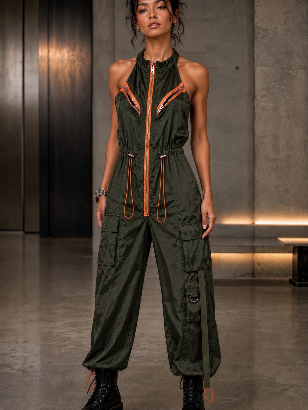 Capsulle Olive Green Orange Zip Cargo Utility Halter Jumpsuit Size Small